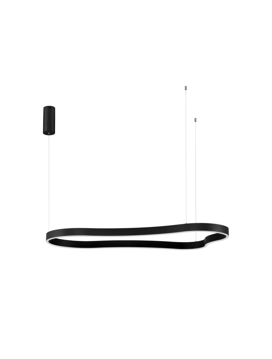 Lampa wisząca Velbano, czarna, z jedną diodą LED 61W. Posiada nowoczesny, elastyczny kształt, zawieszona na cienkich żyłkach. Montaż sufitowy, minimalistyczny design, idealna do nowoczesnych wnętrz.