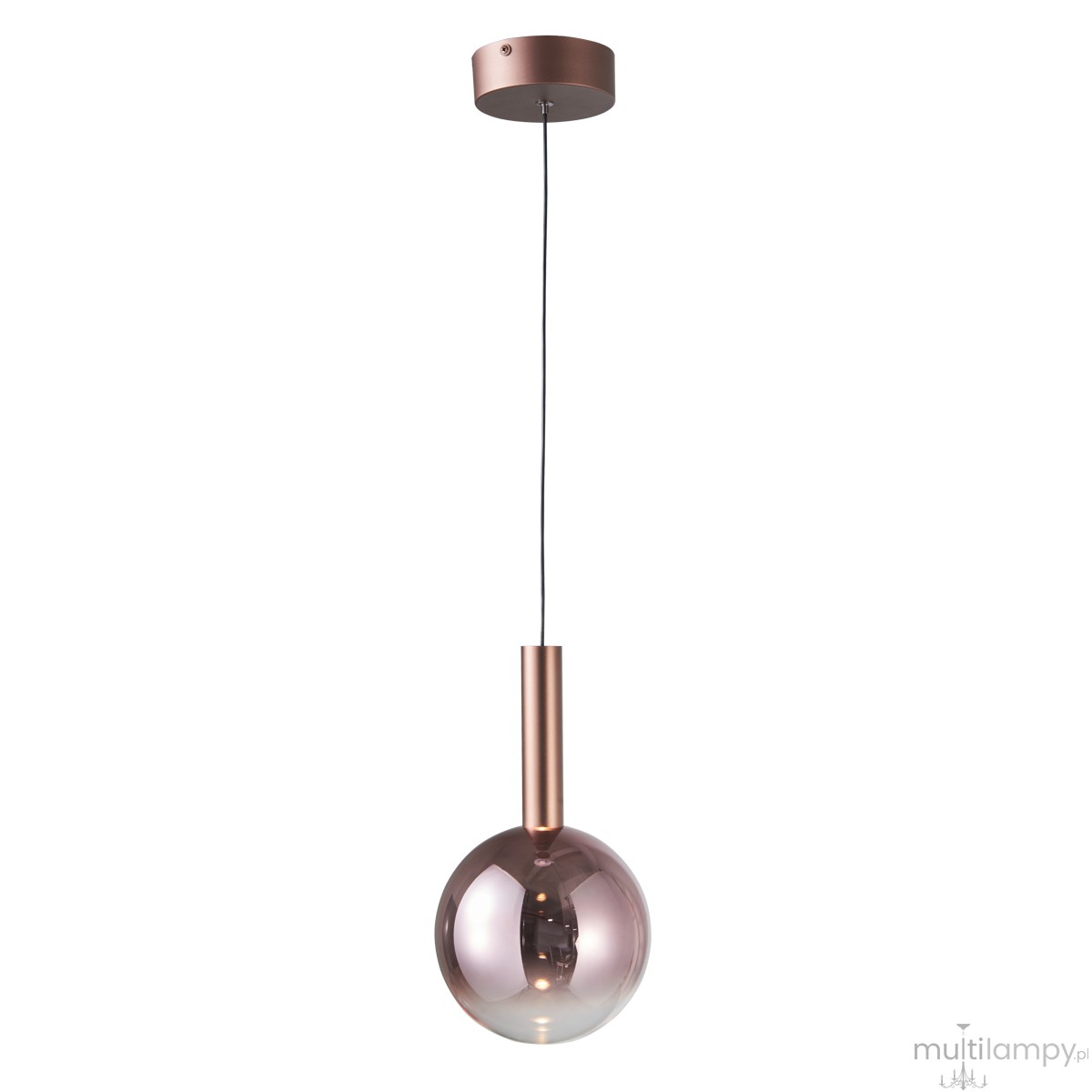 Lampa wisząca LED Camino 8W w kolorze miedzi, z okrągłym kloszem, zawieszona na czarnym przewodzie. Klosz ma delikatnie przezroczystą fakturę, co podkreśla elegancki design. Montaż sufitowy, z widocznym mocowaniem w kolorze miedzi.