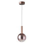 Lampa wisząca LED Camino 8W w kolorze miedzi, z okrągłym kloszem, zawieszona na czarnym przewodzie. Klosz ma delikatnie przezroczystą fakturę, co podkreśla elegancki design. Montaż sufitowy, z widocznym mocowaniem w kolorze miedzi.