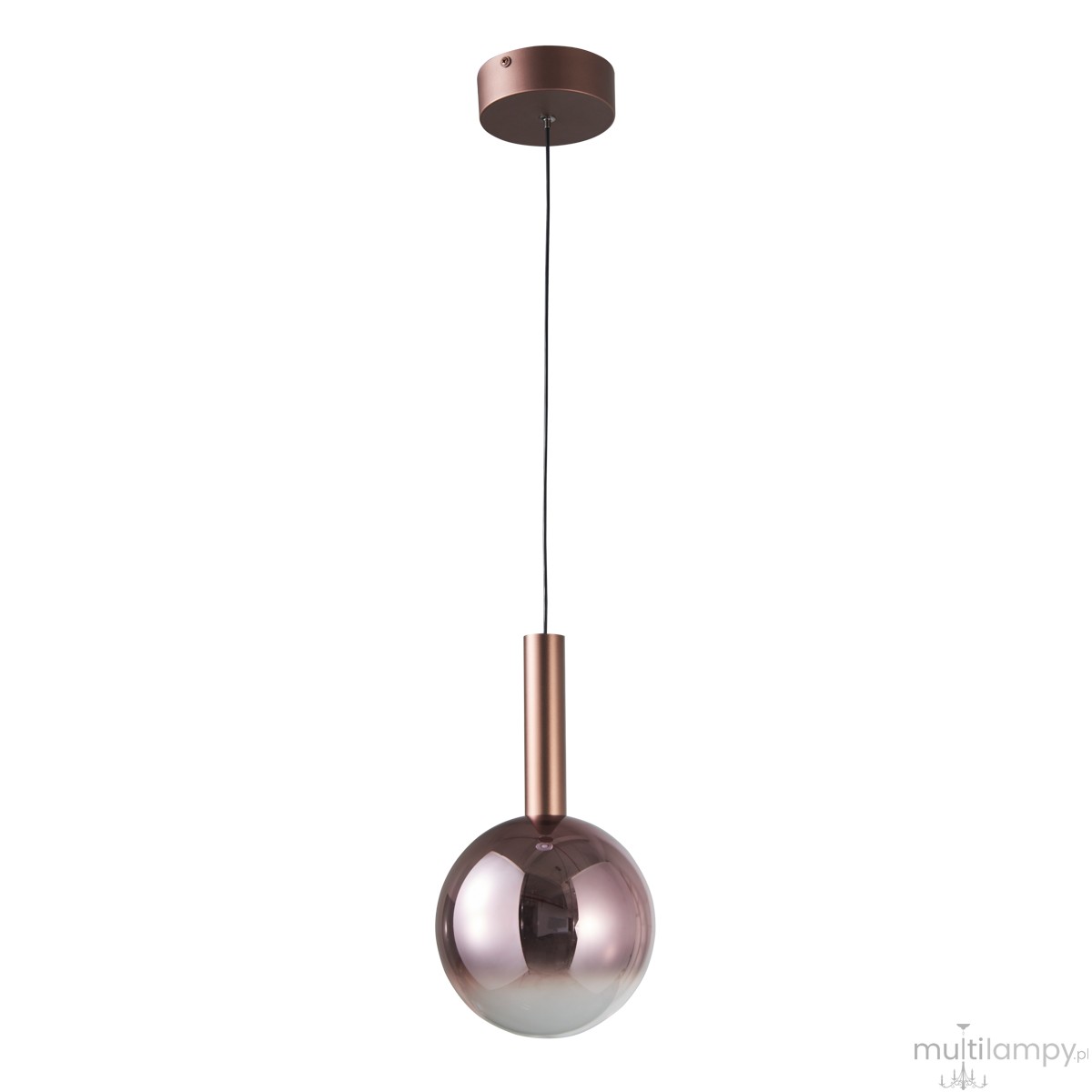 Lampa wisząca LED Camino 8W, kolor miedź, z okrągłym kloszem w odcieniu fioletowym, zawieszona na czarnym przewodzie. U góry znajduje się metalowy uchwyt w kolorze miedzi. Kształt prosty, elegancki, z minimalistycznym wyglądem.