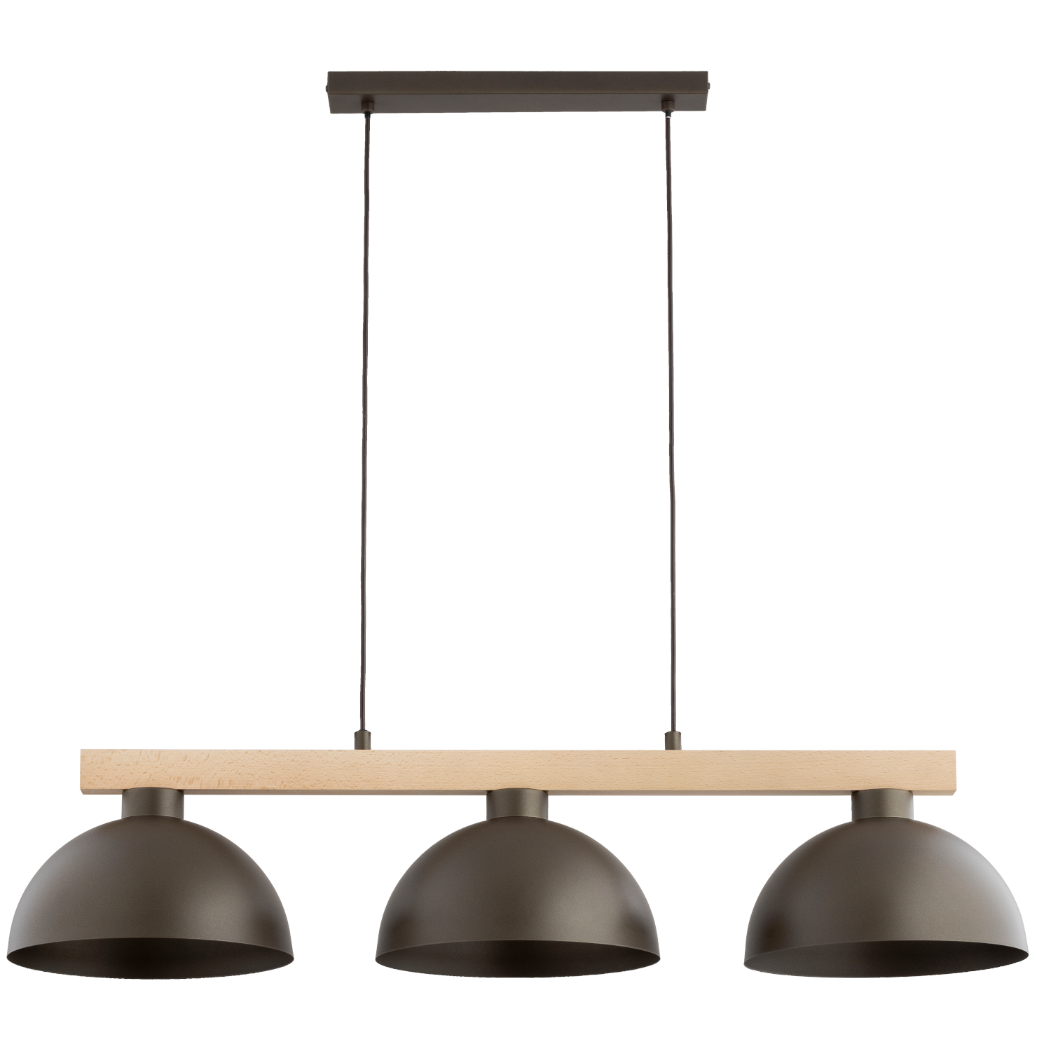 Lampa wisząca Verta z trzema kloszami w czekoladowym brązie zawieszona na drewnianej belce. Klosze mają półkulisty kształt, a całość zawieszona jest na cienkich, ciemnych linkach. Idealna do nowoczesnych wnętrz.