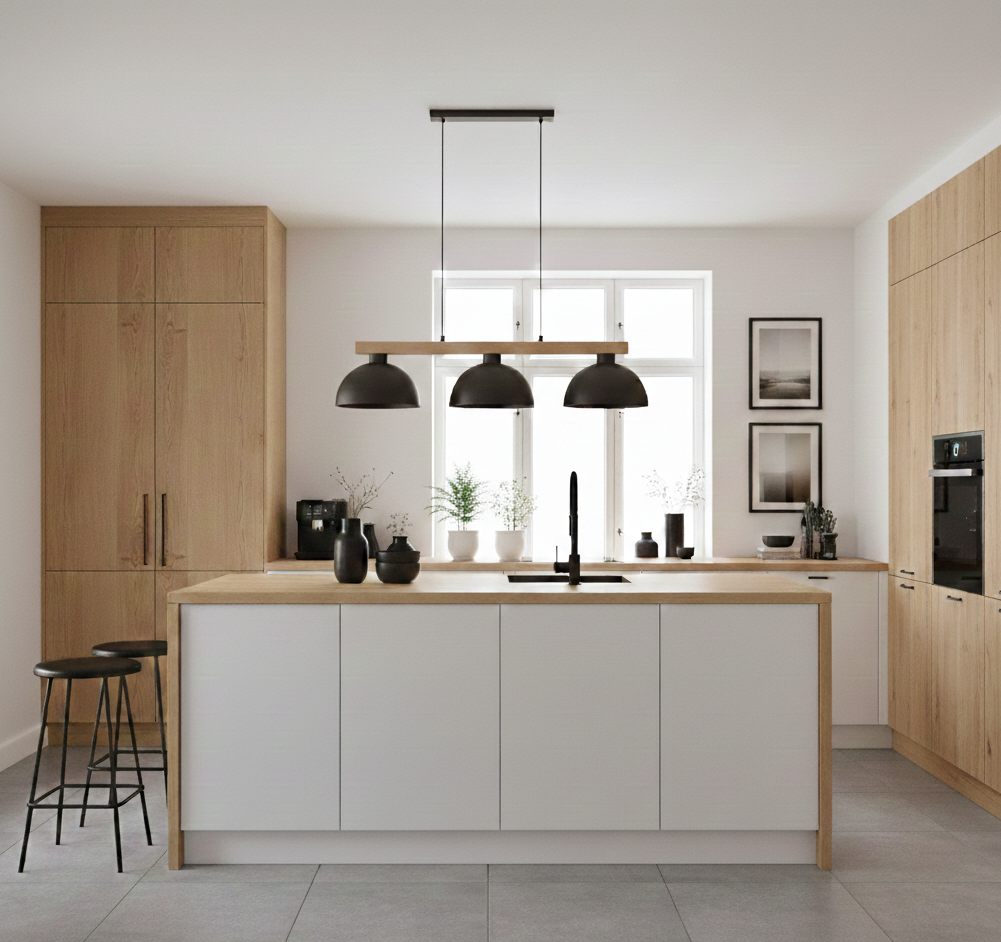 Lampa wisząca Verta w kolorze czekoladowego brązu z drewnianym akcentem, zawieszona nad wyspą kuchenną. Posiada trzy okrągłe klosze, umieszczona w nowoczesnej kuchni z jasnymi szafkami i drewnianymi elementami.