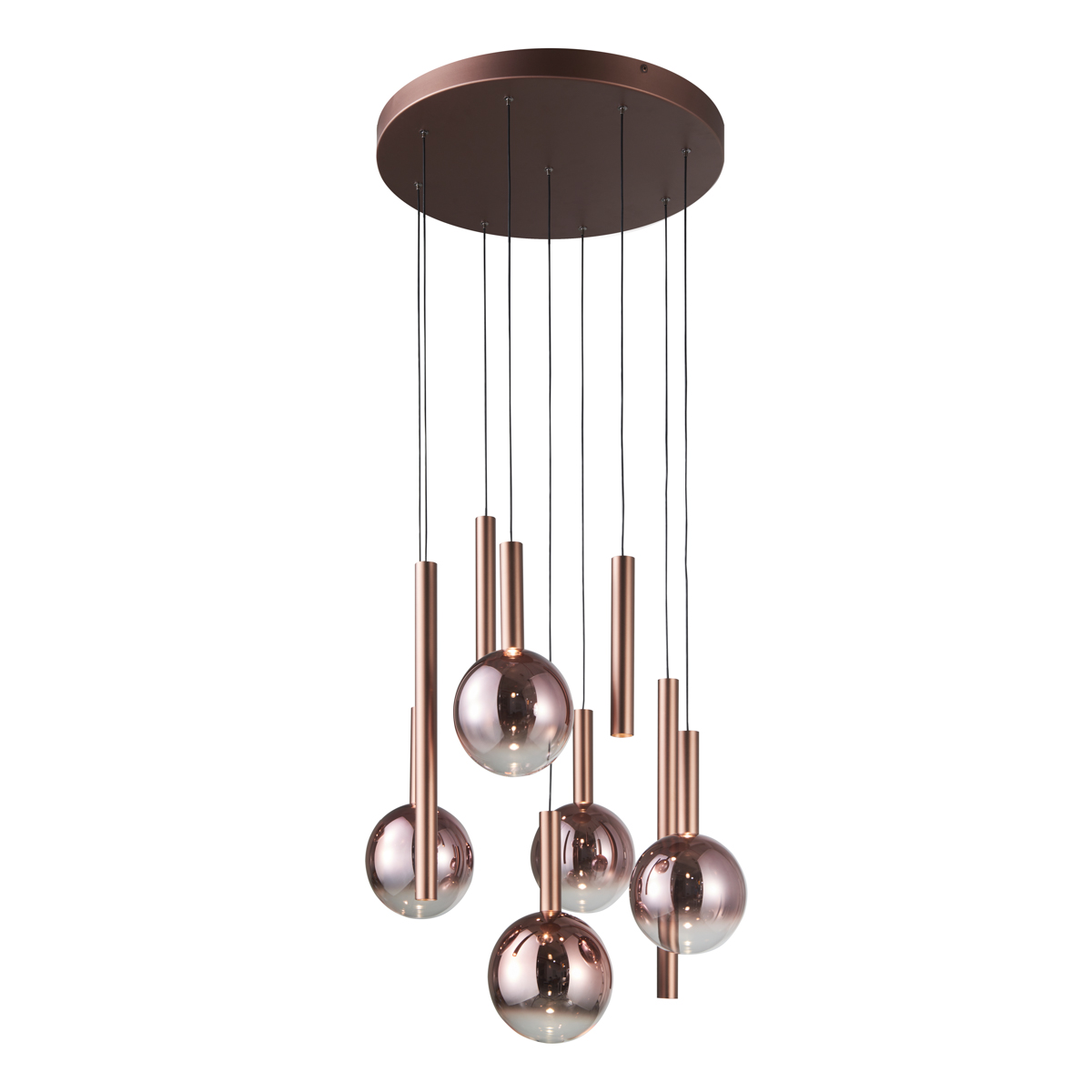 Lampa wisząca LED Camino 54W w kolorze miedzi, z pięcioma okrągłymi i prostokątnymi elementami. Zawieszona na cienkich linkach, z okrągłym, miedzianym stelażem. Oświetlenie o ciepłej barwie 3000K, idealne do nowoczesnych wnętrz.