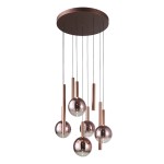 Lampa wisząca LED Camino 54W w kolorze miedzi, z pięcioma okrągłymi i prostokątnymi elementami. Zawieszona na cienkich linkach, z okrągłym, miedzianym stelażem. Oświetlenie o ciepłej barwie 3000K, idealne do nowoczesnych wnętrz.