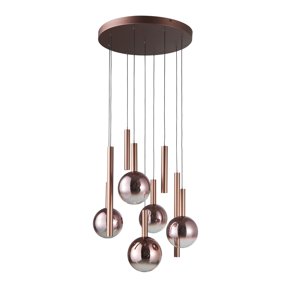 Lampa wisząca LED Camino 54W w kolorze miedzi, składająca się z pięciu okrągłych kul i kilku cylindrycznych elementów. Zawieszona na cienkich linkach, ma okrągłą, metalową podstawę. Temperatura barwowa 3000K zapewnia ciepłe światło.