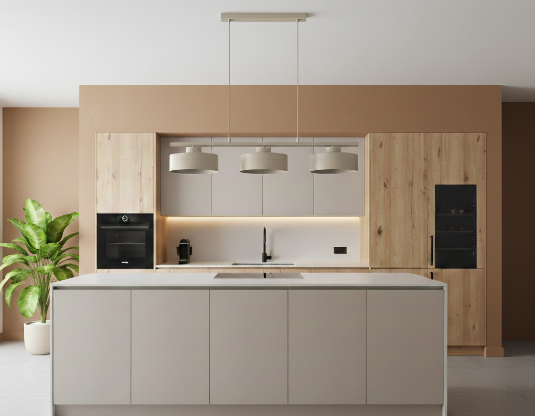 Beżowa lampa wisząca Selia z trzema kloszami E27, zamontowana nad wyspą kuchenną w nowoczesnym wnętrzu. Lampa ma minimalistyczny design, zawieszona na cienkim stelażu. W tle widoczne meble w jasnych odcieniach oraz roślina doniczkowa.