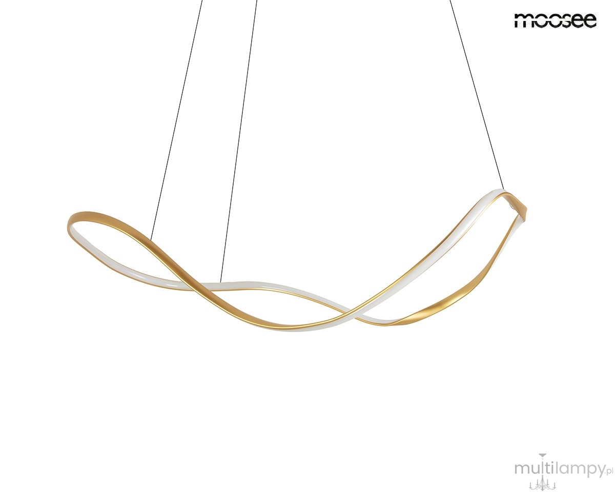Lampa wisząca LED Waves 60, moc 28W, z temperaturą barwową 3000K. Posiada unikalny, falisty kształt w kolorze złotym i białym. Zawieszona na cienkich linkach, prezentuje nowoczesny design na jednolitym tle.