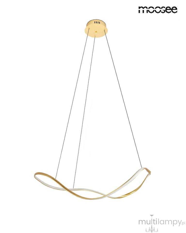 Lampa wisząca LED Waves 60, moc 28W, kolor złoty, z unikalnym falistym designem. Zawieszona na dwóch cienkich linkach, w ciepłej barwie światła 3000K, idealna do nowoczesnych wnętrz. Montaż sufitowy, minimalistyczny styl.