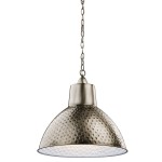 Lampa wisząca Missoula w antycznym srebrze z metalowym kloszem o teksturowanej powierzchni. Zawieszona na łańcuchu, o zaokrąglonym kształcie, z miejscem na żarówkę E27. Prosta forma uzupełnia nowoczesne wnętrza.