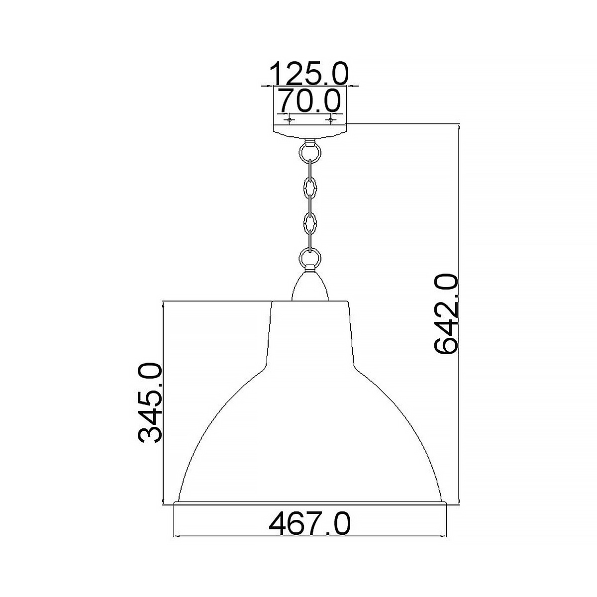 Lampa wisząca Missoula w kolorze antycznego srebra z jednym gniazdem E27. Posiada zaokrąglony klosz o średnicy 467 mm, zawieszony na łańcuchu. Wymiary: wysokość 642 mm, szerokość 70 mm, głębokość 125 mm.