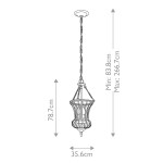 Lampa wisząca Calla w postarzanym złocie, z dwoma miejscami na żarówki E14, o wysokości 78,7 cm i średnicy 35,6 cm. Zawieszona na łańcuchu, z regulowaną długością od 83,8 cm do 266,7 cm. Stylowy element oświetlenia do wnętrz.