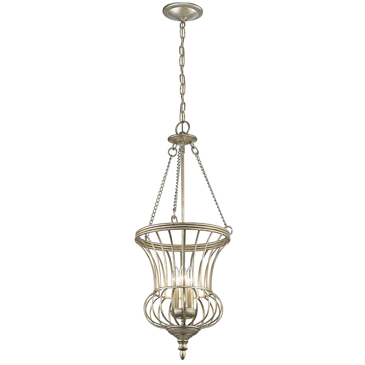 Lampa wisząca Calla M w postarzanym złocie, z trzema miejscami na żarówki E14. Otwarta konstrukcja z metalowej siatki, zawieszona na łańcuchu. Kształt w formie kielicha, z dekoracyjnym detalem na spodzie.