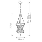 Lampa wisząca Calla M w odcieniu postarzanym złota, z trzema miejscami na żarówki E14. Kształt klasyczny, o wysokości 78,7 cm i średnicy 35,6 cm. Uchwyt zawieszony na łańcuchu, z regulacją wysokości od 83,8 cm do 266,7 cm.