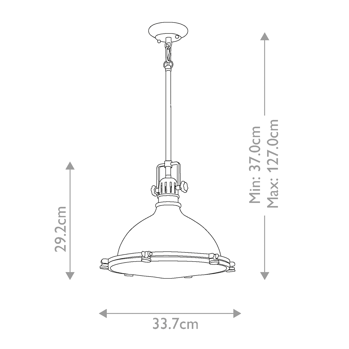 Lampa wisząca Hatteras Bay w kolorze starym brązie, z metalowym kloszem o średnicy 33,7 cm i wysokości 29,2 cm. Regulowana wysokość od 37 cm do 127 cm, z mocowaniem na żarówkę E27. Prosty, elegancki design.