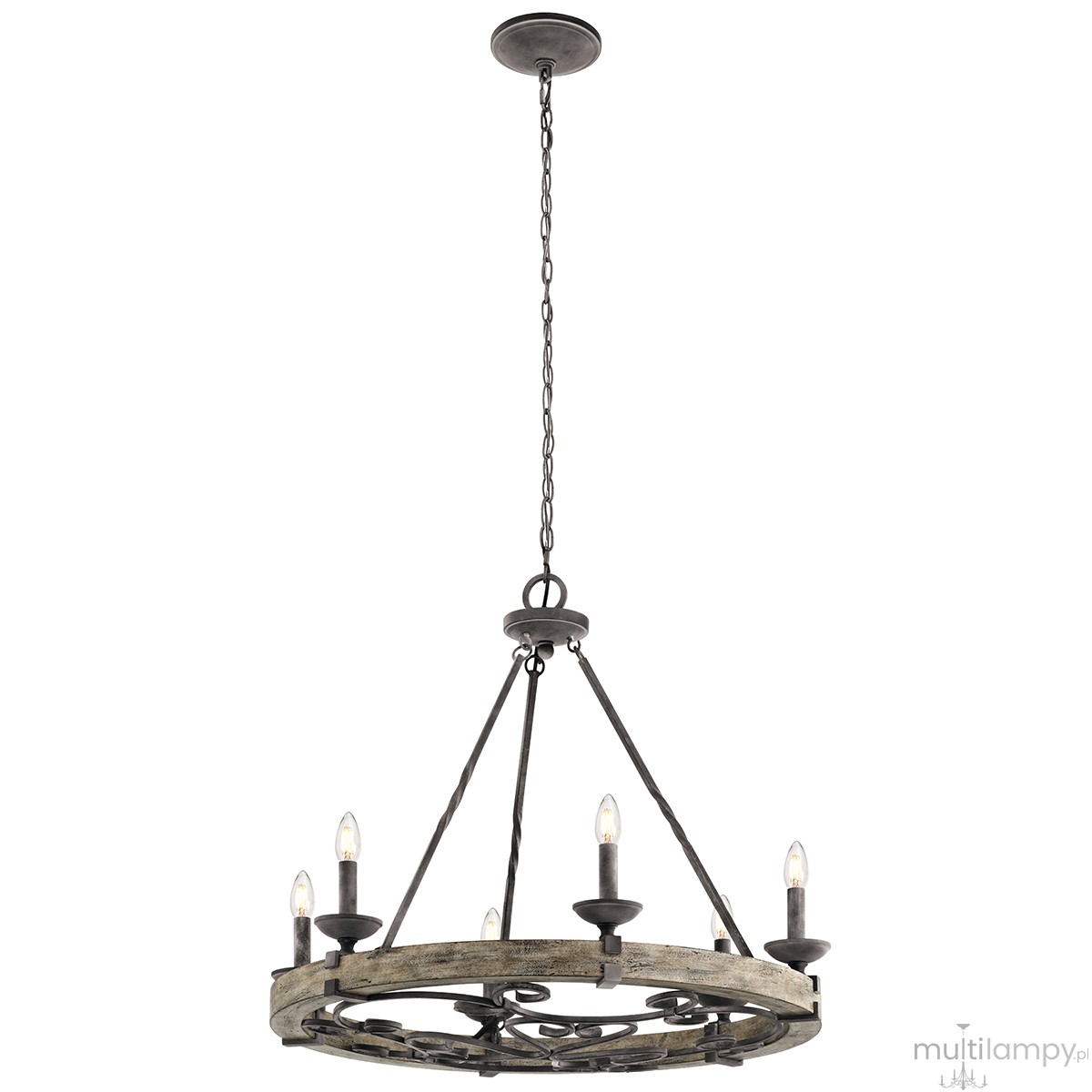 Lampa wisząca Taulbee z sześcioma gniazdami E14, wykonana z postarzane cynku, o okrągłej formie. Utrzymana w ciemnej kolorystyce z metalowymi detalami. Zawieszona na łańcuchu, idealna do aranżacji wnętrz w stylu industrialnym lub rustykalnym.