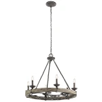 Lampa wisząca Taulbee z sześcioma gniazdami E14, wykonana z postarzane cynku, o okrągłej formie. Utrzymana w ciemnej kolorystyce z metalowymi detalami. Zawieszona na łańcuchu, idealna do aranżacji wnętrz w stylu industrialnym lub rustykalnym.