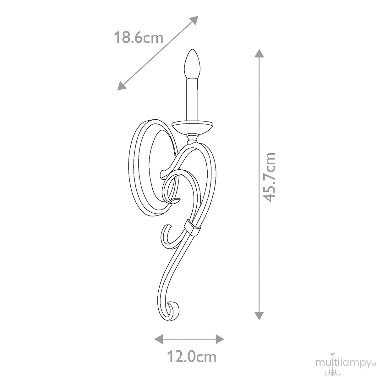 Kinkiet Taulbee z postarzanym cynkiem, w kształcie eleganckiej oprawy z jednym gniazdem na żarówkę E14. Wymiary: 45,7 cm wysokości, 18,6 cm szerokości, 12 cm głębokości. Ułożony w pozycji pionowej, z dekoracyjnymi zdobieniami.