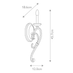 Kinkiet Taulbee z postarzanym cynkiem, w kształcie eleganckiej oprawy z jednym gniazdem na żarówkę E14. Wymiary: 45,7 cm wysokości, 18,6 cm szerokości, 12 cm głębokości. Ułożony w pozycji pionowej, z dekoracyjnymi zdobieniami.