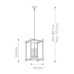 Lampa wisząca Cayden z mosiądzu, 4xE14, o wymiarach 66 cm wysokości i 43,2 cm szerokości. Posiada przezroczysty klosz z prostokątną konstrukcją, zawieszona na regulowanym elemencie, idealna do nowoczesnych wnętrz.