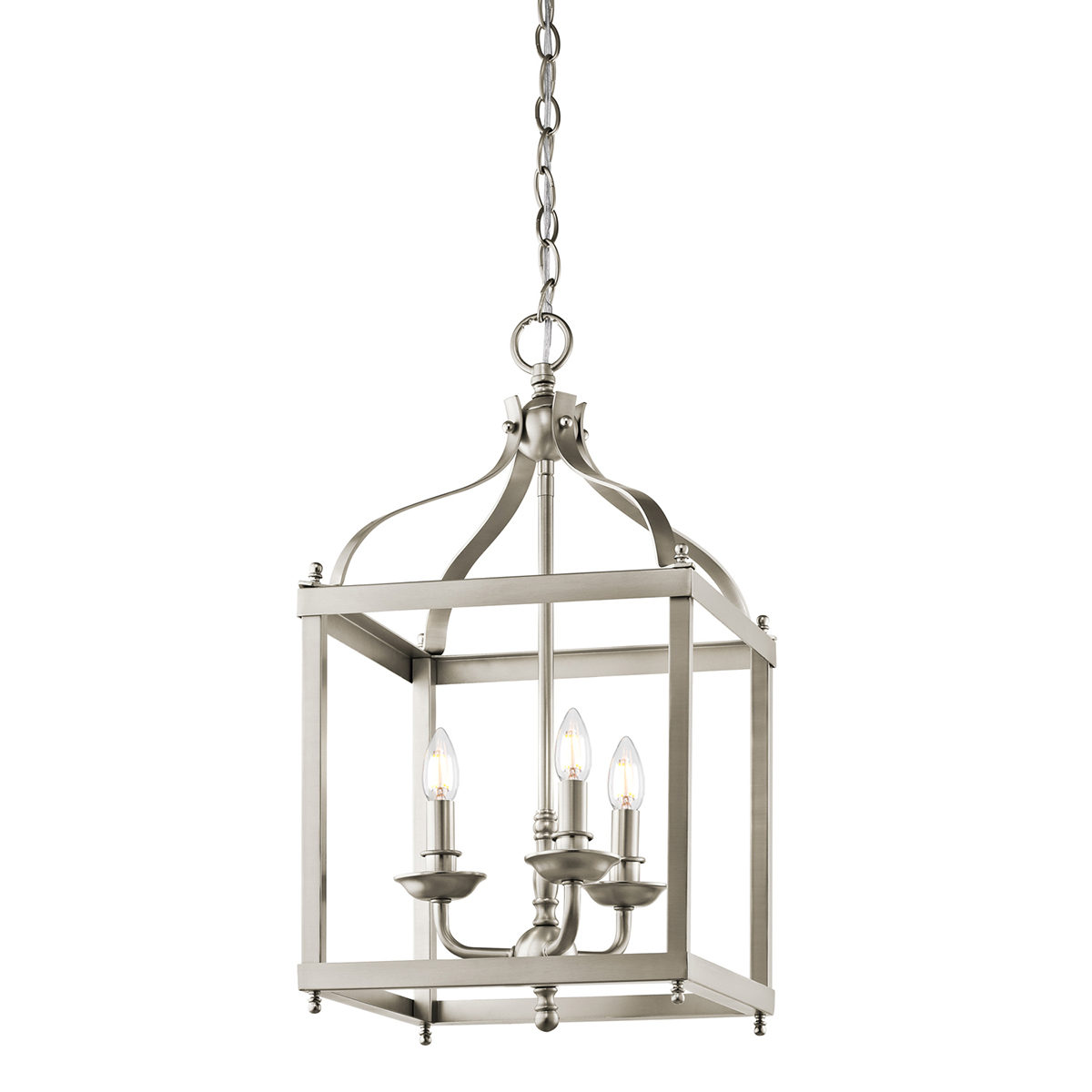 Larkin lampa wisząca 3xE14 w szczotkowanym niklu, w kształcie prostopadłościanu z metalową ramą. Posiada trzy źródła światła w formie eleganckich kloszy, zawieszona na łańcuchu, z ozdobnym uchwytem u góry.