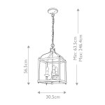 Larkin lampa wisząca w kolorze szczotkowanego niklu, z trzema oprawkami E14. Posiada prostokątną konstrukcję z zamkniętą górą, wymiary 56,5 cm wysokości i 30,5 cm szerokości. Długość zwisu regulowana od 63,5 cm do 246,4 cm.