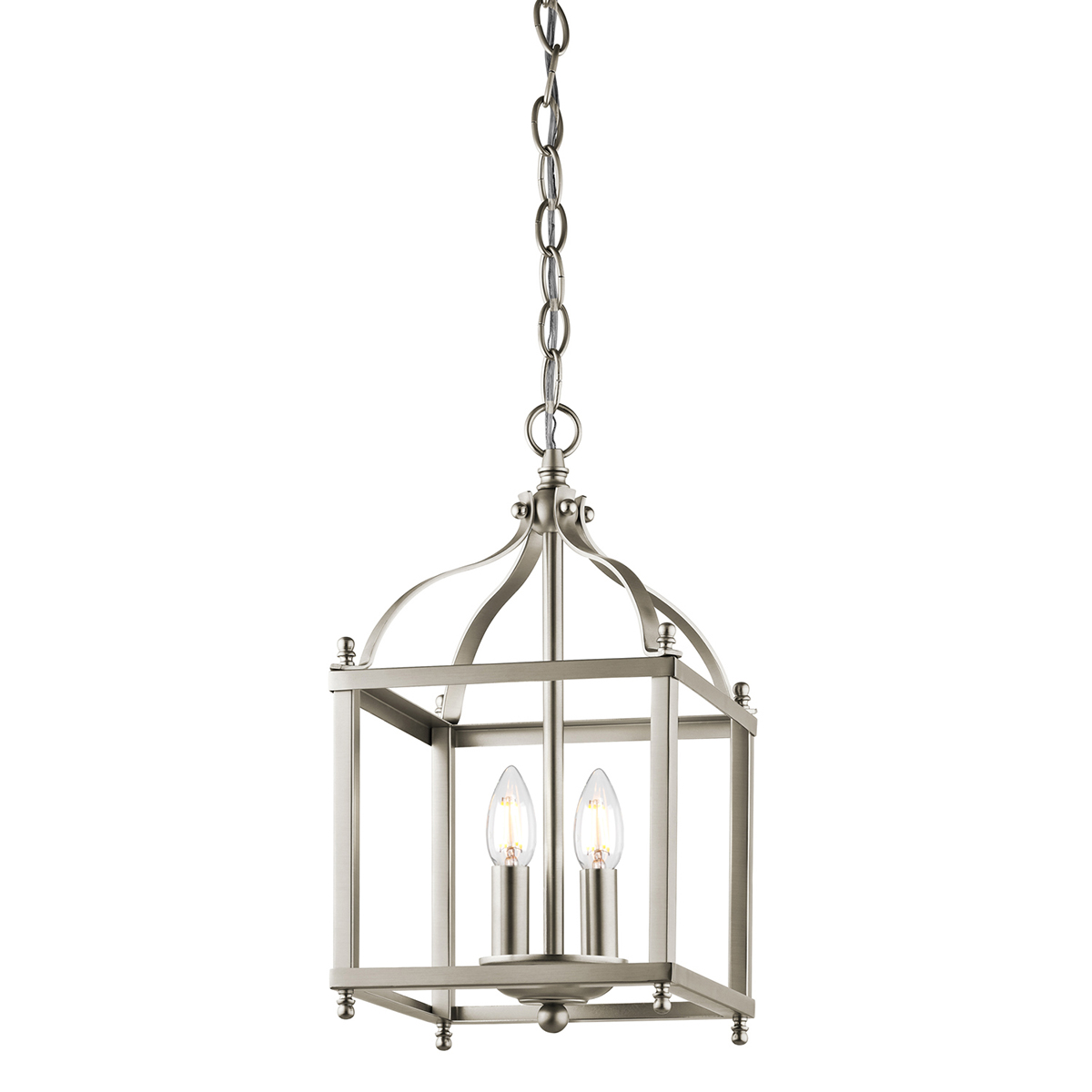 Larkin S lampa wisząca 2xE14 w kolorze szczotkowanego niklu. Kształt prostokątny z klasycznym, metalowym stelażem. Dwa żarówki w szklanych osłonach, zawieszona na łańcuchu. Idealna do oświetlenia wnętrz.
