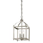 Larkin S lampa wisząca 2xE14 w kolorze szczotkowanego niklu. Kształt prostokątny z klasycznym, metalowym stelażem. Dwa żarówki w szklanych osłonach, zawieszona na łańcuchu. Idealna do oświetlenia wnętrz.