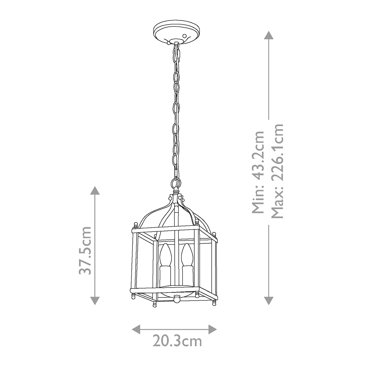 Lampa wisząca Larkin S w kolorze szczotkowanego niklu, o wymiarach 37,5 cm wysokości i 20,3 cm szerokości. Posiada dwa miejsca na żarówki E14, zawieszona na łańcuchu z możliwością regulacji wysokości od 43,2 do 226,1 cm.