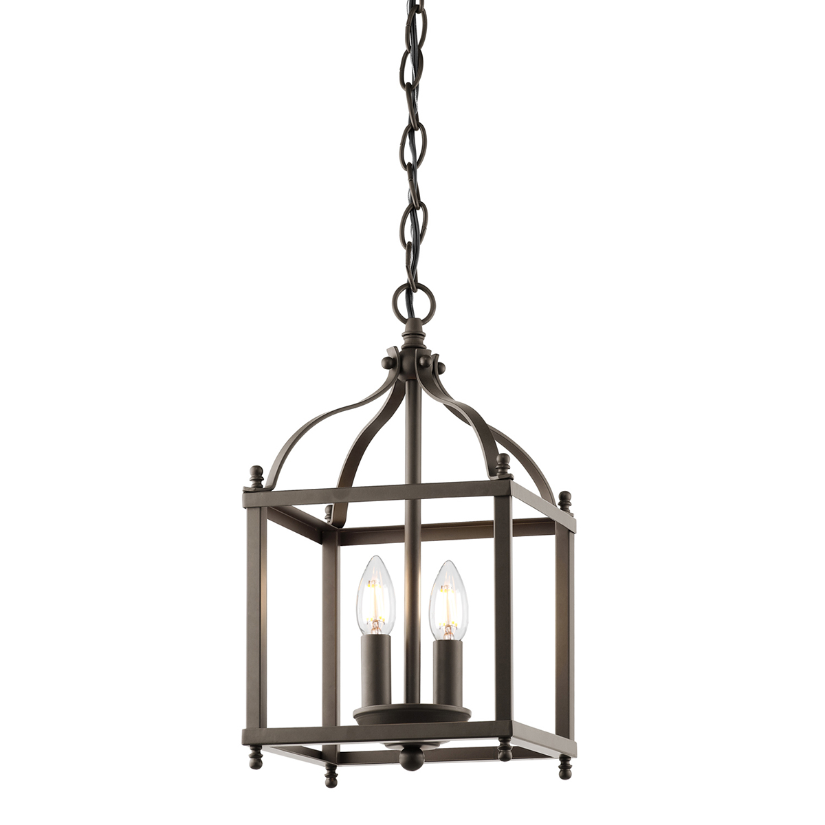 Lampa wisząca Larkin S w odcieniu stary brąz, z metalową konstrukcją w kształcie sześcianu. Posiada dwa źródła światła E14, zamontowane na okrągłej podstawie, zawieszona na łańcuchu. Elegancki detal w stylu klasycznym.