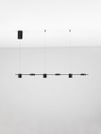 Lampa wisząca Orelvio 6xLED 20W CCT w kolorze czarnym, zawieszona na cienkich linkach. Składa się z sześciu okrągłych źródeł światła zamocowanych na poziomej rurze. Prosty design, minimalistyczny styl, idealna do nowoczesnych wnętrz.