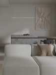 Lampa wisząca Monterzo 1xLED 20W CCT w kolorze złotym, o minimalistycznym kształcie, zawieszona nad stołem. Tło w neutralnych odcieniach, z dekoracyjną ścianą i nowoczesnym blatem w kuchni. Wysoka funkcjonalność i elegancki design.