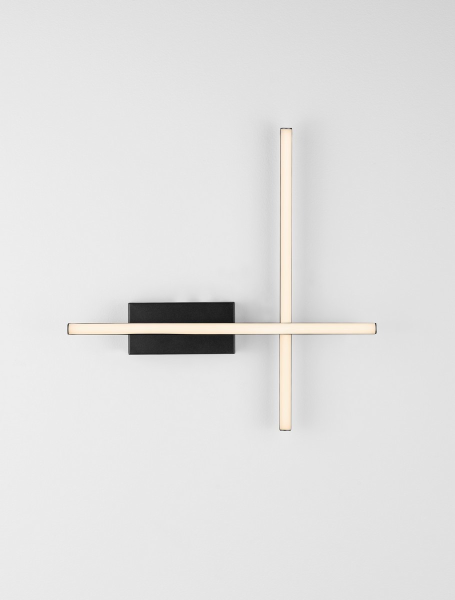 Kinkiet Catervo 2xLED 14W w kolorze czarnym, z minimalistycznym designem. Posiada dwa prostokątne źródła światła w ciepłej barwie, umieszczone na płaskiej, czarnej podstawie. Montowany na ścianie, prezentuje nowoczesny styl.