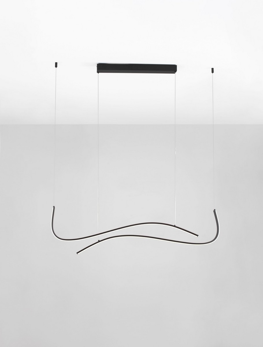 Lampa wisząca Cirvela 2xLED 27W CCT w kolorze czarnym, z nowoczesnym, falistym kształtem. Zawieszona na cienkich linkach, z prostokątnym mocowaniem sufitowym. Idealna do nowoczesnych wnętrz.