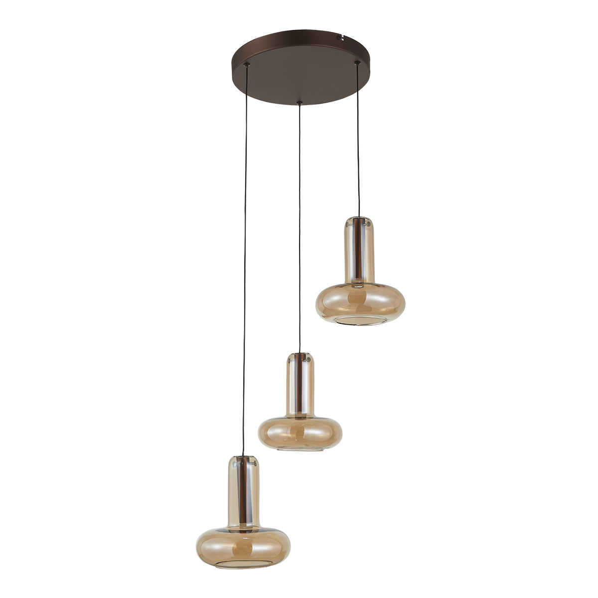 Lampa wisząca Carote 16W w kolorze miedzi, z trzema szklanymi kloszami w odcieniu brązowym. Klosze mają różne kształty, zawieszone na czarnych przewodach z okrągłą, miedzianą podsufitką. Źródło światła o ciepłej barwie 3000K.