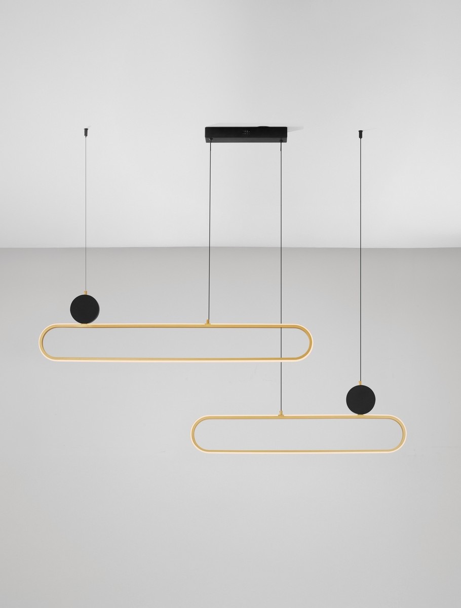 Lampa wisząca Turviano 2xLED 49W w kolorze czarnym i złotym, z dwiema podłużnymi oprawami w kształcie elipsy, zawieszonymi na cienkich linkach. Górna część czarna, z okrągłym detalem. Prosta, nowoczesna forma, idealna do wnętrz.