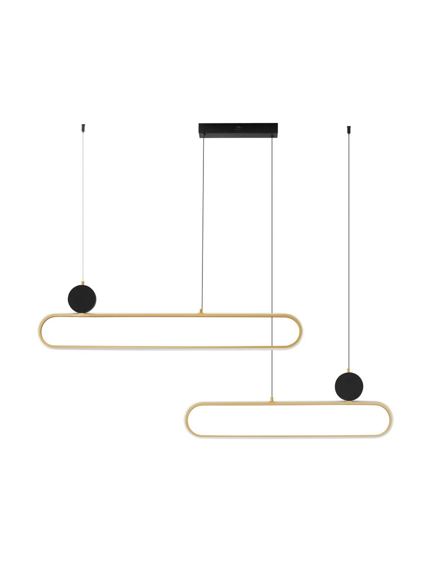 Lampa wisząca Turviano 2xLED 49W w kolorze czarnym i złotym, z dwoma poziomymi, owalnymi elementami. Uchwyt sufitowy w czerni, z okrągłymi detalami. Zawieszona na cienkich linkach, idealna do nowoczesnych wnętrz.