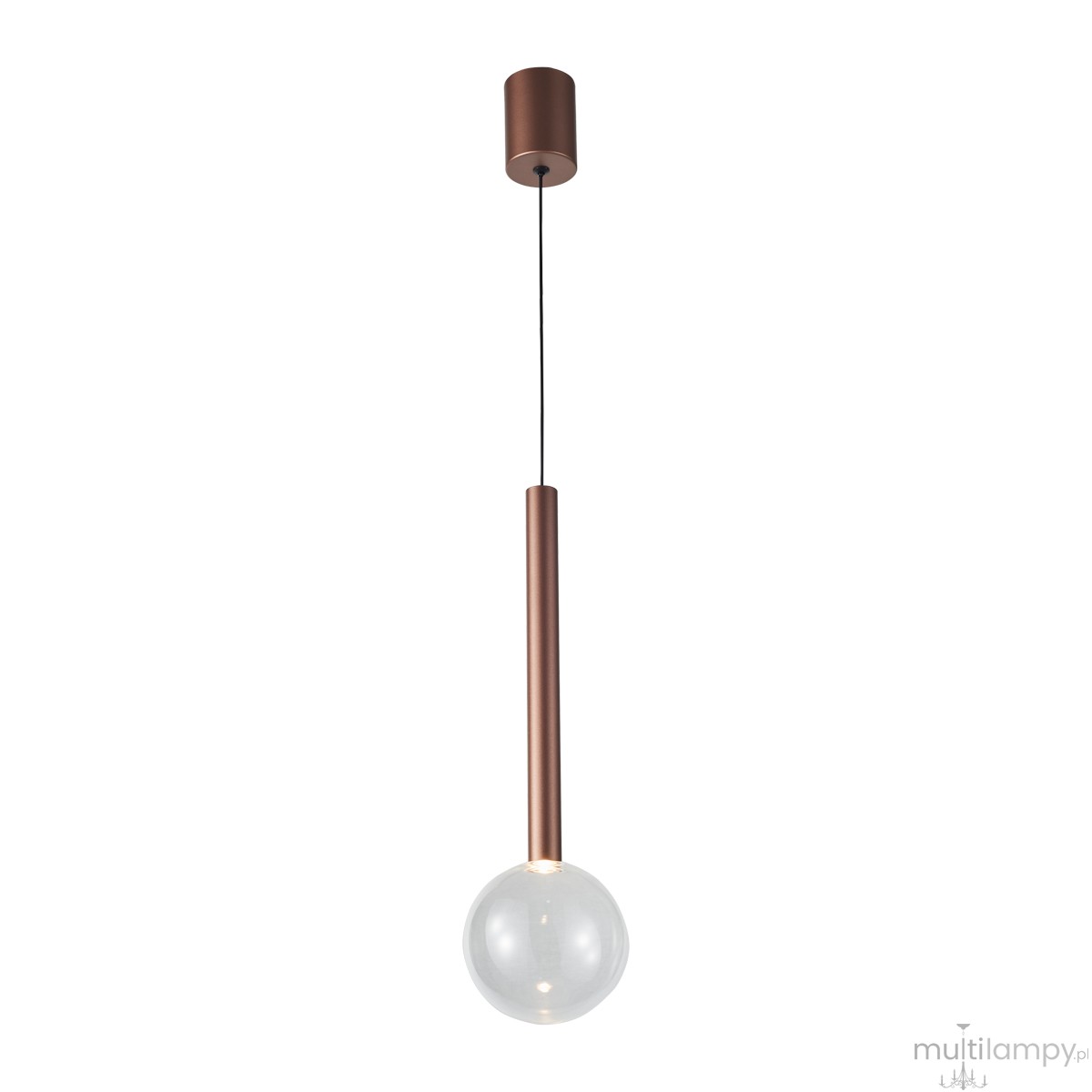Lampa wisząca Alinos 6W w kolorze miedzi, z przezroczystą kulistą kopułą. Ujęcie frontalne, zawieszona na cienkim kablu, z eleganckim, minimalistycznym designem. Ciepłe światło 3000K. Idealna do nowoczesnych wnętrz.