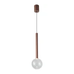 Lampa wisząca Alinos 6W w kolorze miedzi, z przezroczystą kulistą kopułą. Ujęcie frontalne, zawieszona na cienkim kablu, z eleganckim, minimalistycznym designem. Ciepłe światło 3000K. Idealna do nowoczesnych wnętrz.