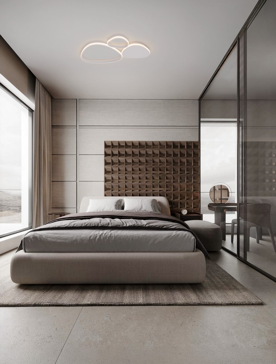 Lampa sufitowa Alontra 3xLED 31W w kolorze białym, o nowoczesnym kształcie z trzema okrągłymi elementami. Zawieszona na suficie w jasnej sypialni, w otoczeniu minimalistycznych mebli i dużego okna.