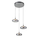 Lampa wisząca Tenele 21W 3000K w kolorze srebrnym, składająca się z trzech kulistych kloszy zawieszonych na cienkich linkach. Klosze mają gładką, błyszczącą powierzchnię, a lampa montowana jest do sufitu za pomocą okrągłej podstawy.