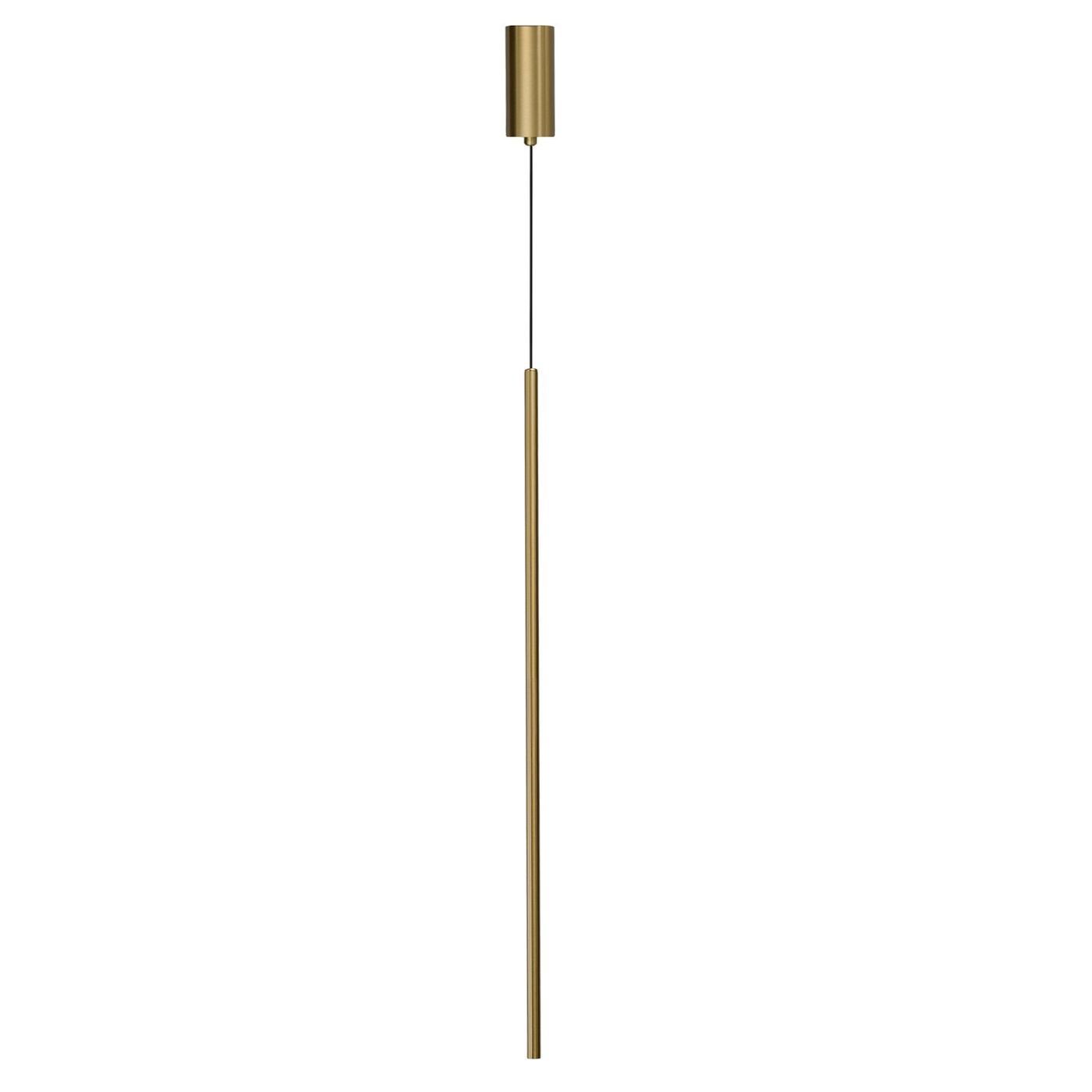 Lampa wisząca LED Birma 2W w kolorze złotym, wykonana z metalu. Posiada cylindryczny klosz u góry oraz długi, smukły zwis. Umieszczona na cienkim przewodzie, wisi w pionie na białym tle.