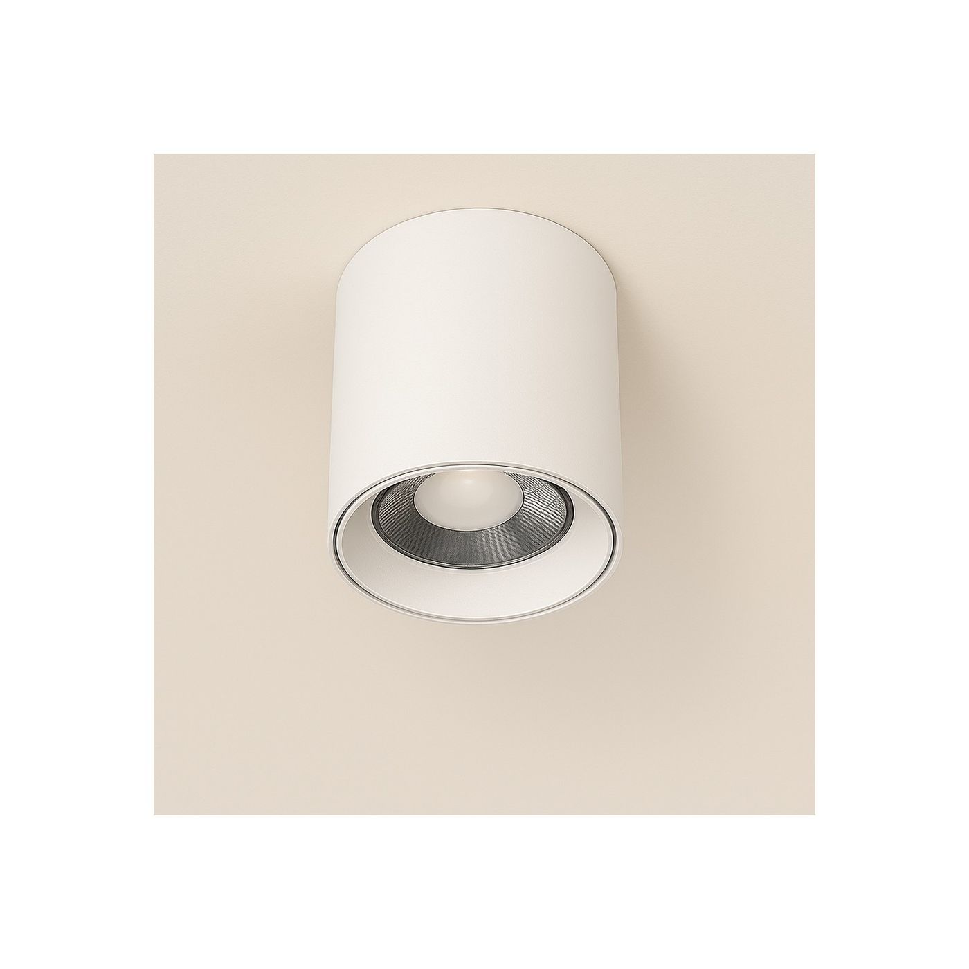 Lampa sufitowa LED Babil 15W CCT w białej obudowie, cylindryczny kształt z metalowym wykończeniem. Ujęcie frontalne, zamontowana na suficie, z widoczną źródłem światła w środku. Prosta konstrukcja, idealna do nowoczesnych wnętrz.