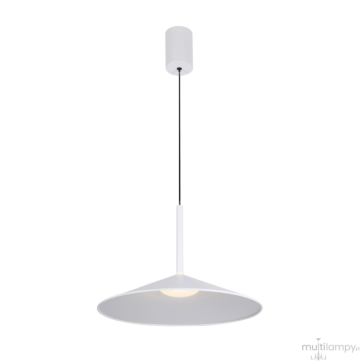 Lampa wisząca Sardena D38 LED 9W CCT w kolorze białym, o stożkowym kształcie z matową powierzchnią. Zawieszona na cienkim, czarnym przewodzie, z okrągłym elementem montażowym u góry. Oświetlenie z centralnym źródłem światła.