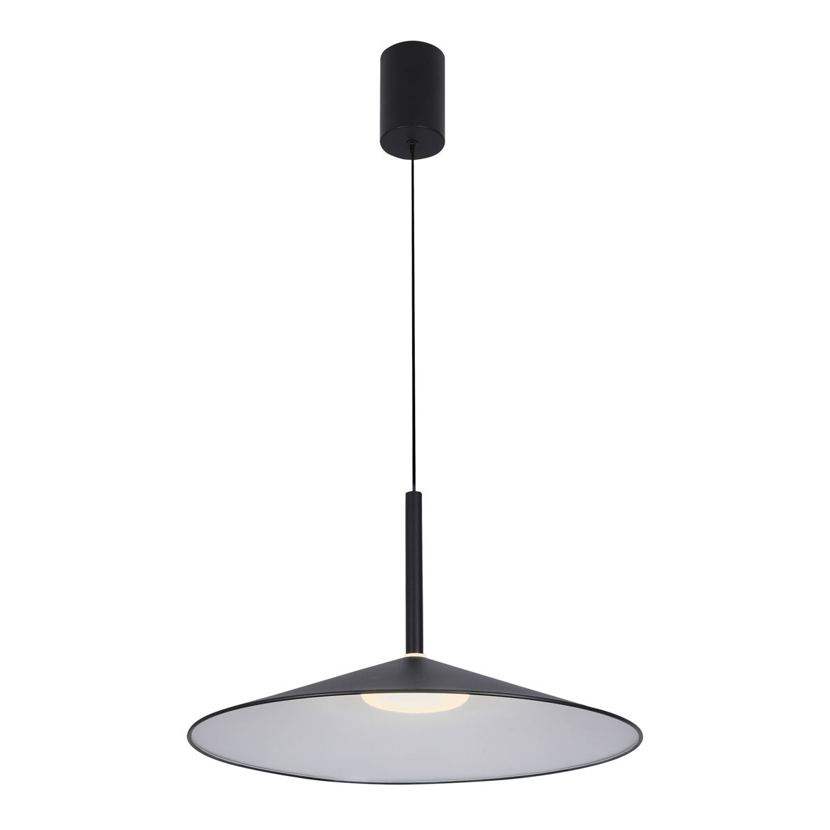 Lampa wisząca Sardena D47.5 LED 16W CCT w kolorze czarnym. Posiada stożkowaty klosz z matowym wykończeniem, zawieszona na cienkim kablu. Główne źródło światła znajduje się w centralnej części klosza, co zapewnia równomierne oświetlenie.