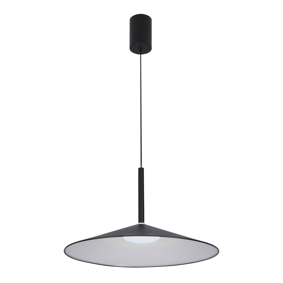 Lampa wisząca Sardena D47.5 LED 16W CCT w kolorze czarnym. Posiada stożkowy klosz z matowego tworzywa, zawieszona na cienkim przewodzie. Górna część to cylindryczny uchwyt montażowy. Idealna do nowoczesnych wnętrz.