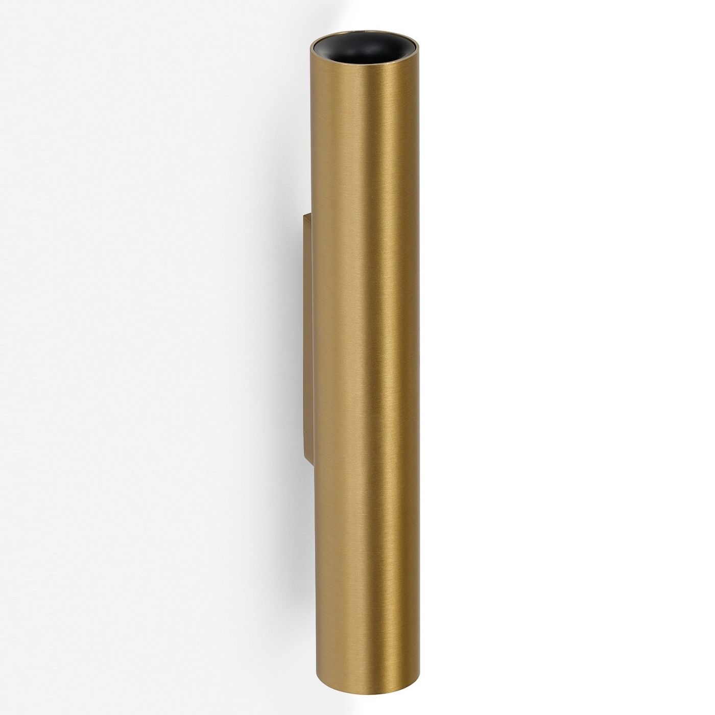 Kinkiet Moroni 2xLED 6W w kolorze złotym, o cylindrycznym kształcie, zamocowany na ścianie. Górna część ze szczotkowanego metalu, dolna część czarna. Prosty design, idealny do nowoczesnych wnętrz. Tło białe, podkreślające produkt.