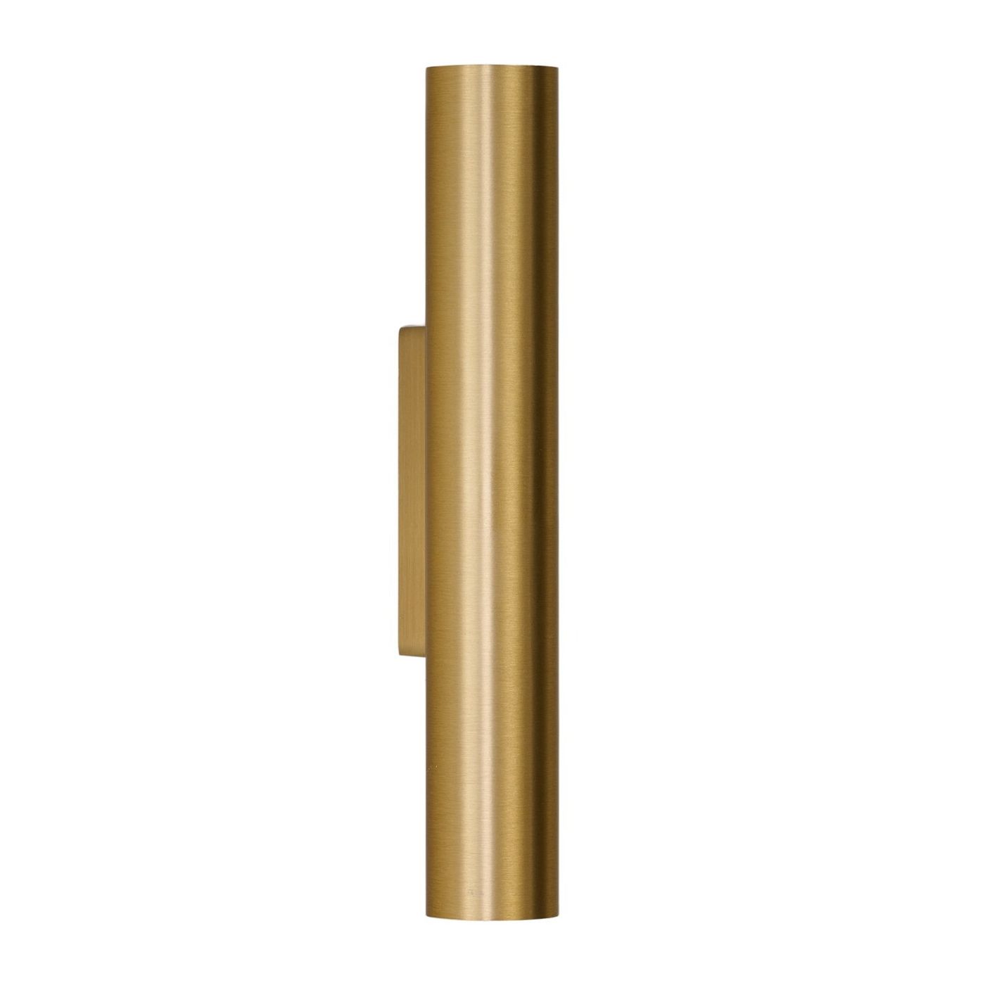 Kinkiet Moroni 2xLED 6W w kolorze złotym, o cylindrycznym kształcie. Ujęcie z boku, montowany na ścianie. Materiał metaliczny, matowa powierzchnia, z widoczną podstawą. Produkt nowy, minimalistyczny design.