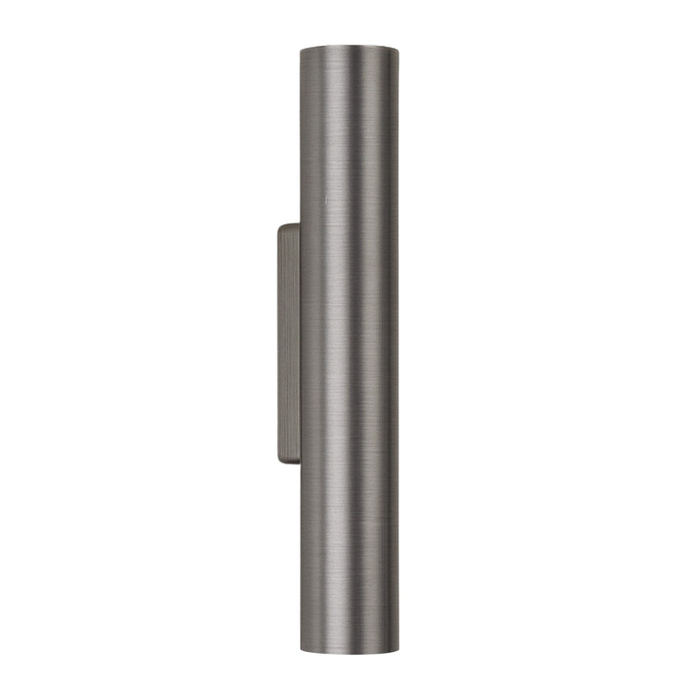Kinkiet Moroni 2xLED 6W w kolorze tytanowym, w formie cylindrycznej lampy, montowany na ścianie. Wykończenie matowe, z widocznym uchwytem. Produkt prezentowany w pozycji pionowej na jednolitym tle.