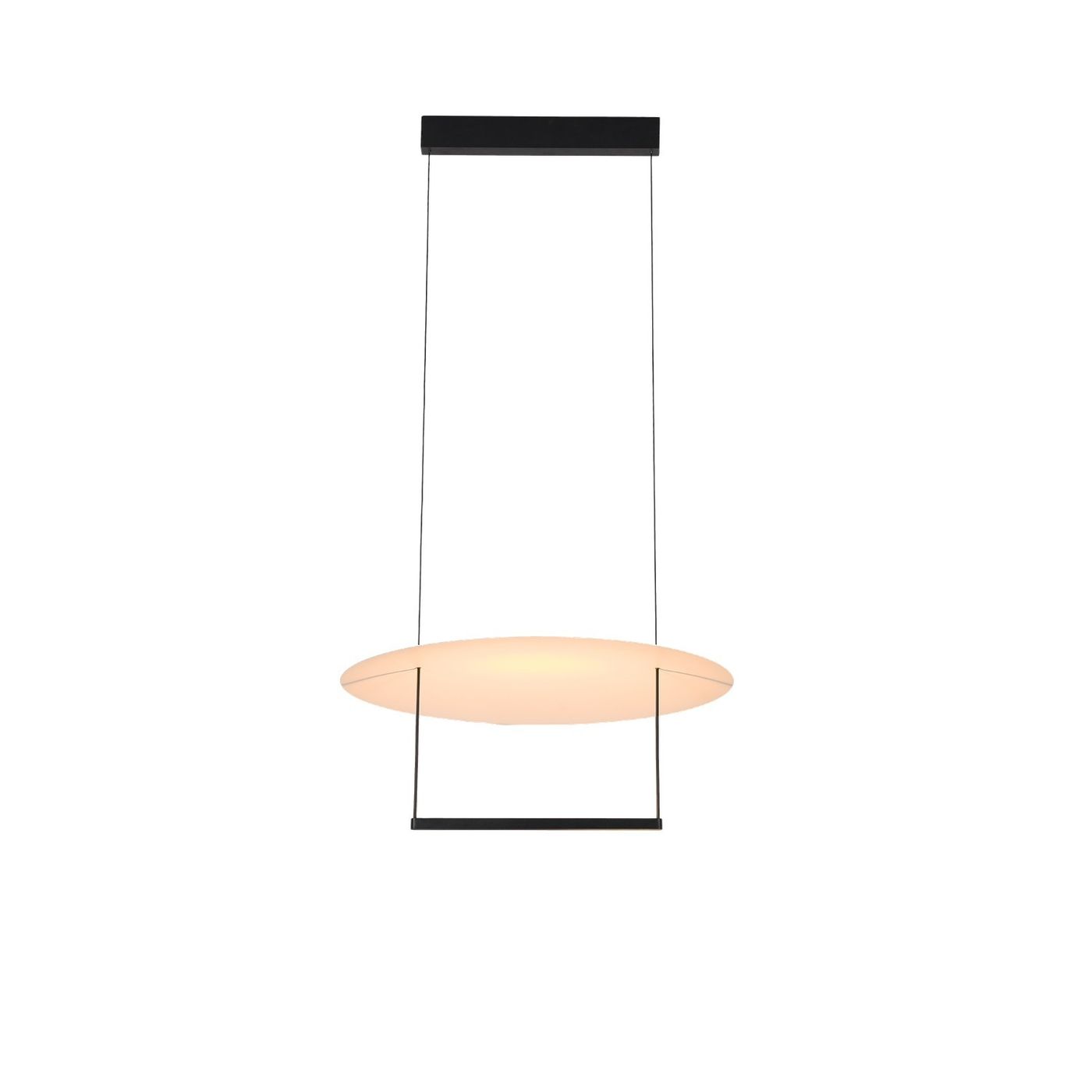 Czarna lampa wisząca Portofino D80 z 1xLED 39W, o okrągłym, płaskim kloszu w kolorze białym. Zawieszona na cienkich linkach, z prostokątnym mocowaniem sufitowym. Minimalistyczny design, idealna do nowoczesnych wnętrz.