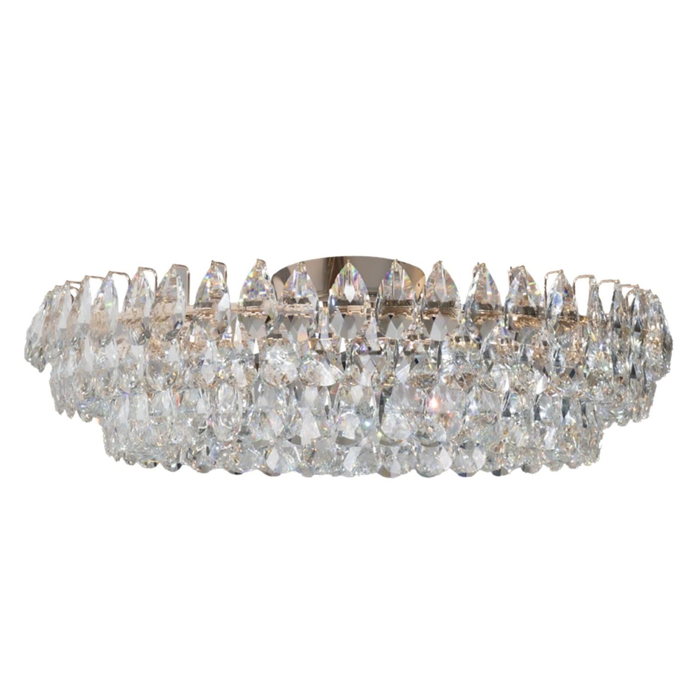 Lampa sufitowa Barletta D80 w kolorze złotym z 1xLED 90W, zdobiona kryształowymi elementami w kształcie kropli, zamontowana na okrągłej podstawie. Ujęcie z boku, ukazujące szczegóły dekoracyjne i strukturę.